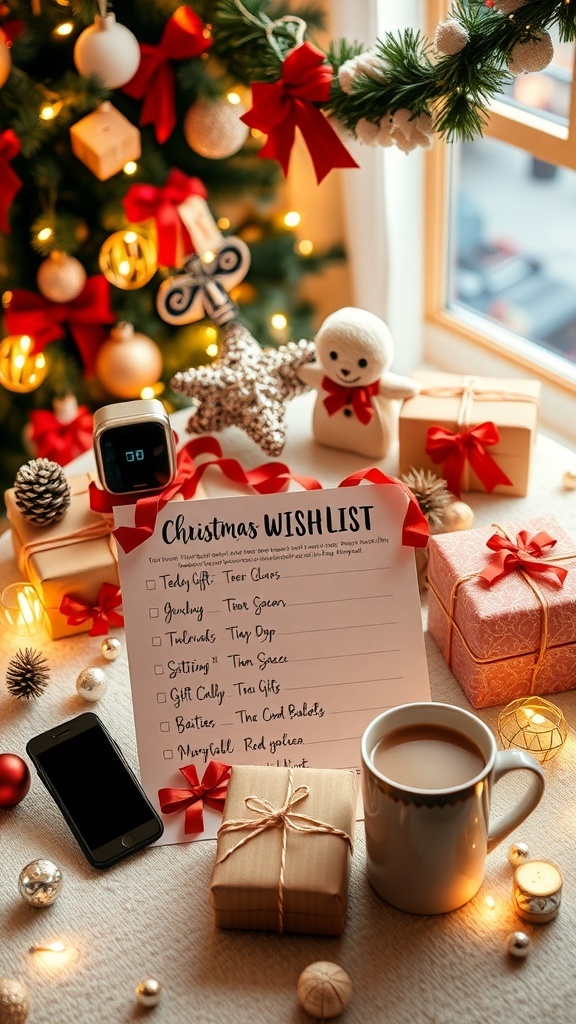 A Christmas wishlist with various gift ideas on a decorated table with holiday lights and hot cocoa.
